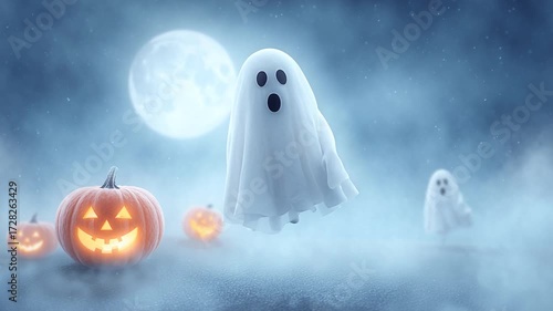 halloween cute cartoon ghost on a moonlight background with pumpkin,halloween ghost Floating in the moonlight,spooky halloween night,halloween pumpkin and ghost
