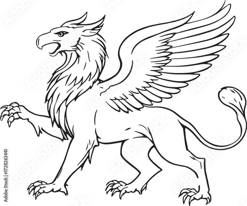 Griffin mythical creature line art illustration with eagle head and lion body fantasy drawing