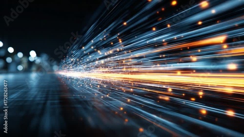 Dynamic Energy Trail: Abstract, capturing the energy of a moving train in motion, the photo showcases glowing light streaks and particles against a dark background. Emphasizing speed and dynamism. 