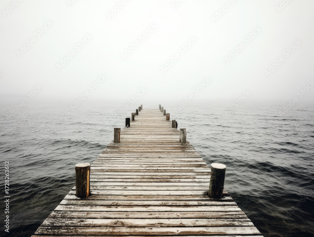 Obraz premium A weathered wooden pier stretches into a misty ocean disappea into the distance, creating a serene and mysterious seascape scene today.