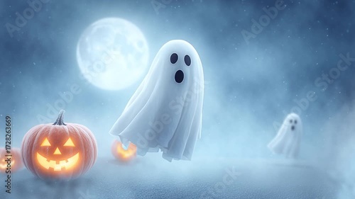 halloween cute cartoon ghost on a moonlight background with pumpkin,halloween ghost Floating in the moonlight,spooky halloween night,halloween pumpkin and ghost