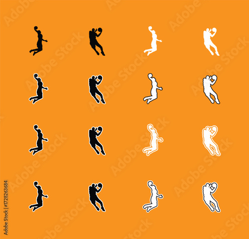 Collection of Basketball Player Poses Silhouettes A set of vector silhouettes of basketball players performing various actions, including dribbling, shooting, and dunking. Perfect for sports graphics