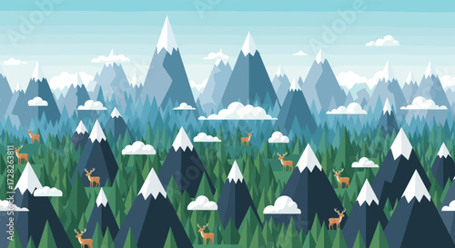 A vast mountain landscape filled with evergreen trees and small deer herds.