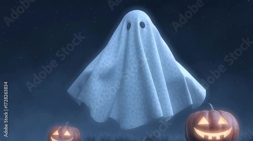 halloween cute cartoon ghost on a moonlight background with pumpkin,halloween ghost Floating in the moonlight,spooky halloween night,halloween pumpkin and ghost
