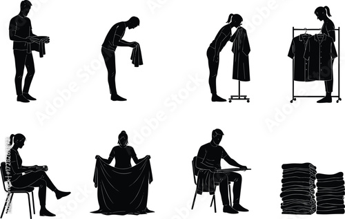 Silhouette laundry, clothing care, folding clothes, sewing activity, black figures, household chores, textile maintenance
