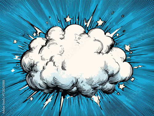 コミック風の爆発的な雲のイラスト、背景には放射状の青い線と星
