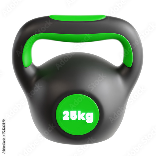 A realistic 3D illustration of a heavy 25kg kettlebell, an essential piece of gym equipment for functional fitness and strength training workouts