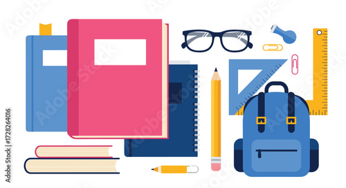A collection of school supplies including books pens and a backpack.