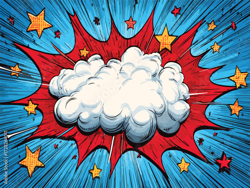 コミック風の爆発アイコン、星と煙のエフェクト、青い放射状の背景、ベクターイラスト