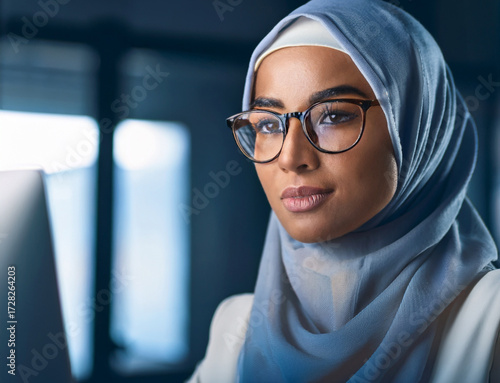 Close-up of Arabic female executive with glasses looking at monitor in a modern minimalist office, focused expression