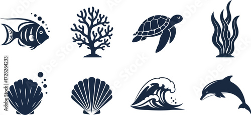 Marine life elements such as fish, coral, turtle, seaweed, shell, wave and dolphin, ocean wildlife concept