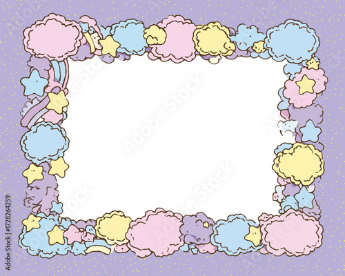 パステルカラーの雲と星で飾られた、かわいらしいイラストのフレーム。子供部屋やベビーシャワーの装飾に最適。