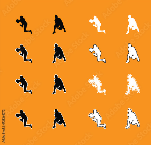 Collection of Basketball Player Poses Silhouettes A set of vector silhouettes of basketball players performing various actions, including dribbling, shooting, and dunking. Perfect for sports graphics