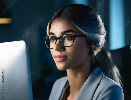 Close-up of female executive with glasses looking at monitor in a modern minimalist office, focused expression