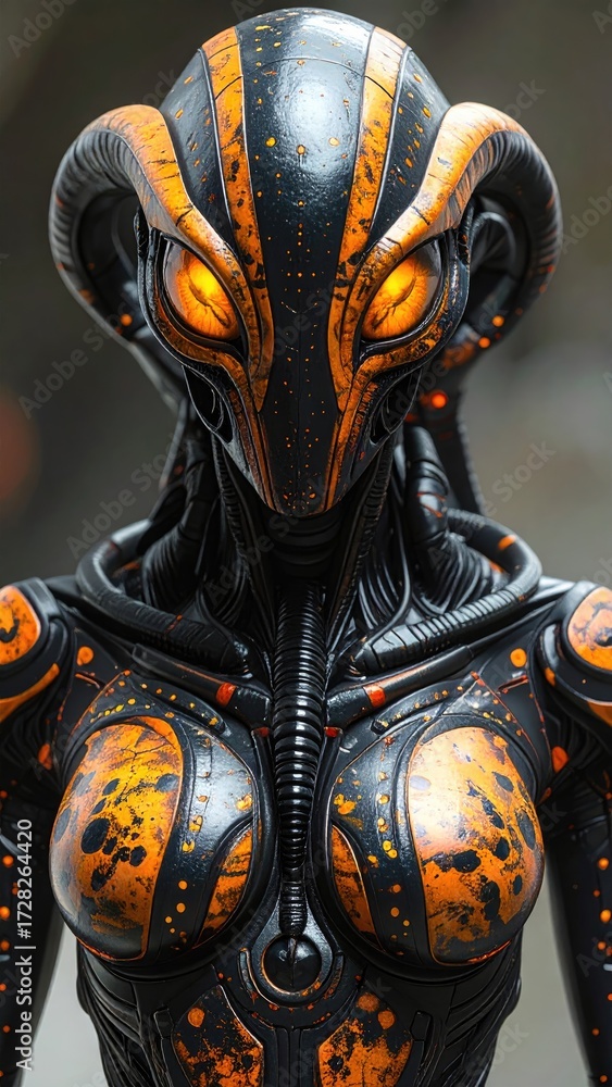 Naklejka premium Detailed Futuristic Alien Creature with Glowing Orange Eyes and Metallic Armor.