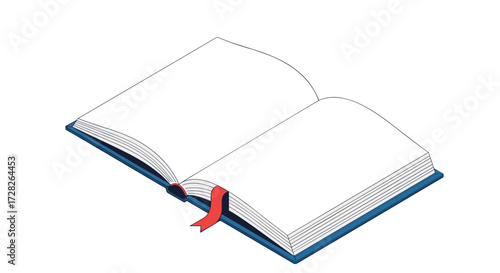 An open book with a red bookmark lies on a blank surface.