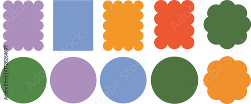 Colorful geometric and decorative vector shapes collection,Curvy circle, oval, rectangle shape form label,Scallop wavy frame set vector illustration, Wavy circular,rectangular shape elements set,Ai