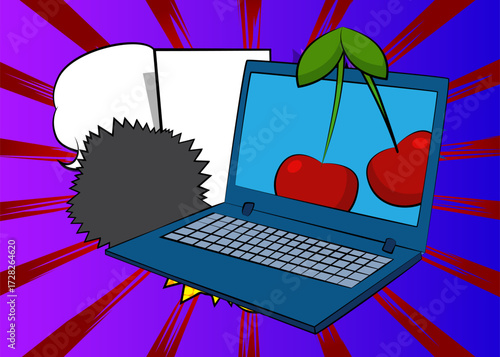 Cartoon Laptop, comic book Notebook with Cherry. Retro vector comics pop art design.
