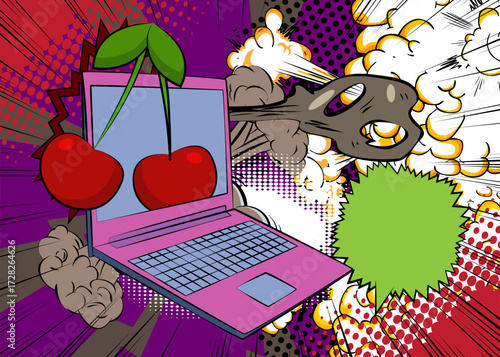 Cartoon Laptop, comic book Notebook with Cherry. Retro vector comics pop art design.