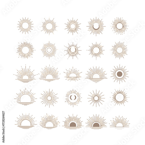 Boho sunburst icons with radiant rays. Minimalist sunrise and sunset line art, mystical solar symbols, and retro-inspired tattoo designs.
