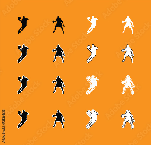 Collection of Basketball Player Poses Silhouettes A set of vector silhouettes of basketball players performing various actions, including dribbling, shooting, and dunking. Perfect for sports graphics