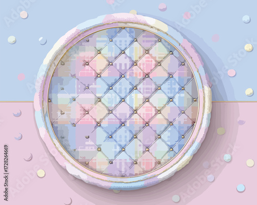 パステルカラーのキルティング調の円形フレームとカラフルな紙吹雪が、ベビーシャワーや誕生日の装飾に最適です。