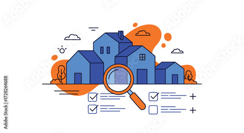 Finding the perfect home using a magnifying glass and checklist.