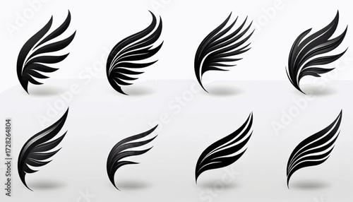 A collection of eight stylized black wing icons with a glossy finish and soft shadows.