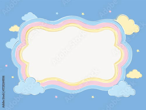 水彩風のパステルカラーの雲と星が浮かぶ、空をイメージした可愛らしいフレームデザインのベクターイラスト。