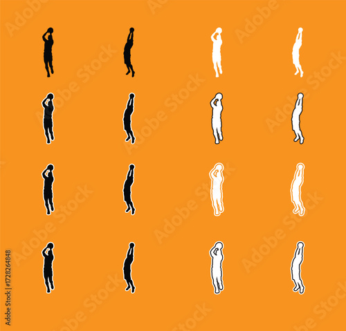Collection of Basketball Player Poses Silhouettes A set of vector silhouettes of basketball players performing various actions, including dribbling, shooting, and dunking. Perfect for sports graphics