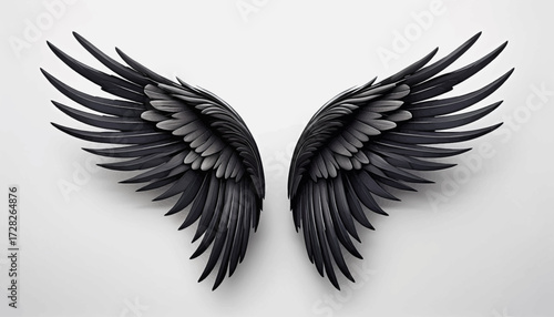 Two detailed, stylized black wings, spread open against a neutral, light-colored background.
