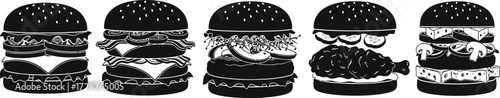A row of five different burger illustrations, each with unique toppings and fillings