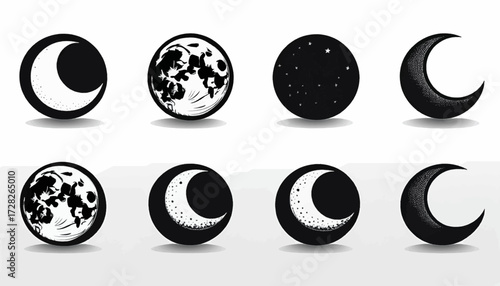 Illustration depicting the phases of the moon, showcasing various stages from crescent to full, against a white background.