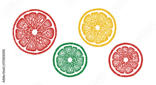 Vibrant citrus slices arranged in a playful and artistic composition. This image features four stylized citrus fruits.