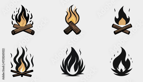 Six stylized illustrations of campfires, showing flames and burning logs with varying designs.