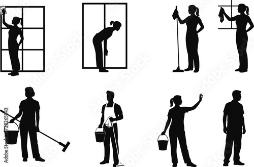 Silhouette cleaning, household chores, window washing, mopping activity, black figures, lifestyle illustration,