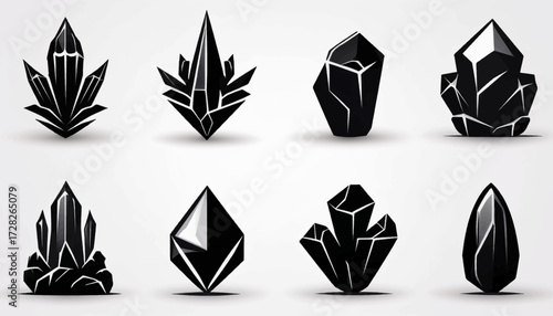 A collection of eight stylized, black, faceted crystal and gemstone icons, presented in a grid formation against a white background.