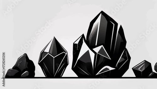 A collection of sharp, faceted black crystals and rough stones arranged in a horizontal line against a plain, light background, showcasing geometric forms and mineral textures.