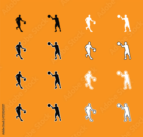 Collection of Basketball Player Poses Silhouettes A set of vector silhouettes of basketball players performing various actions, including dribbling, shooting, and dunking. Perfect for sports graphics