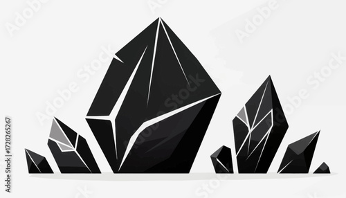 A cluster of sharp, multifaceted black crystals with reflective surfaces, arranged in a visually striking composition against a plain white background.