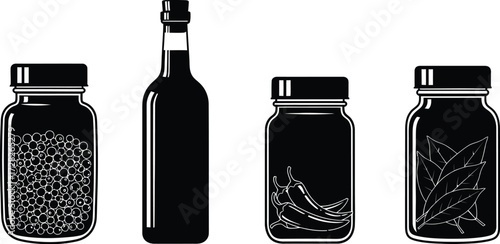 Collection of condiment bottles and jars, featuring spices, oil, vinegar, and other flavor enhancers