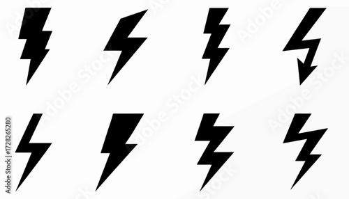 Eight black lightning bolt icons in various shapes and orientations against a white background.