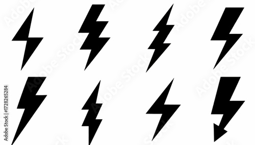 Collection of eight stylized black lightning bolt icons arranged in two rows on a white background.