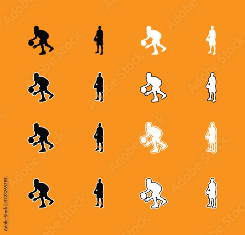 Collection of Basketball Player Poses Silhouettes A set of vector silhouettes of basketball players performing various actions, including dribbling, shooting, and dunking. Perfect for sports graphics