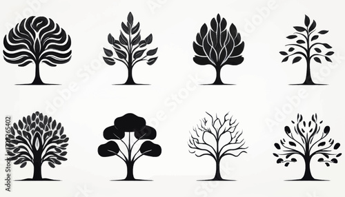 A collection of eight stylized black and white tree illustrations, each showcasing unique leaf and branch patterns against a plain background.