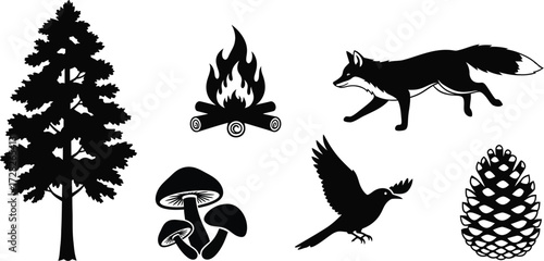 Silhouette of forest elements collection of tree, fire, fox, mushroom, bird, and pine cone in black color