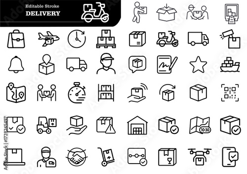 Delivery line icon set. Logistics, shipping, cargo transportation, cargo truck, package and more. Outline vector icons. Pictogram collection
