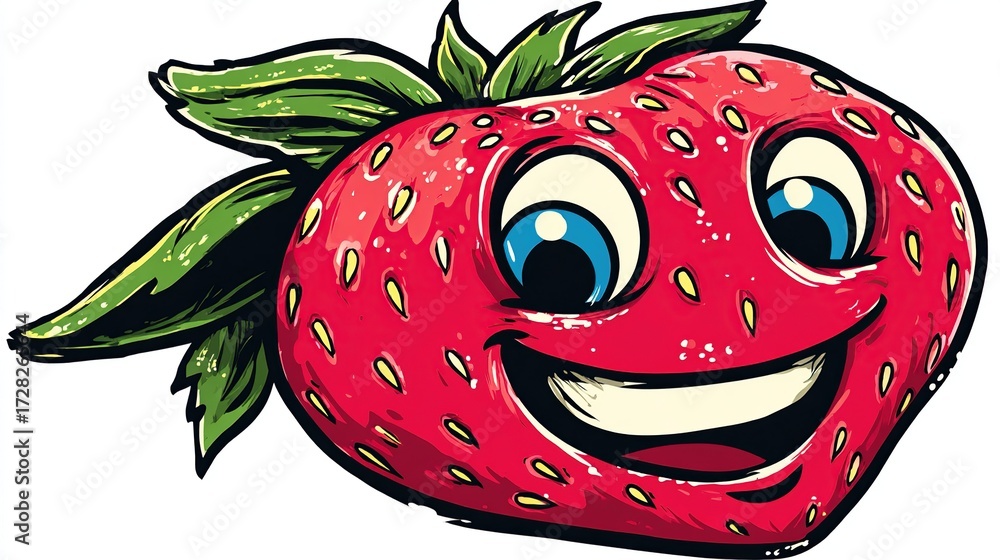 Obraz premium Smiling, anthropomorphic cartoon strawberry with green leaves, blue eyes, and a big, toothy grin