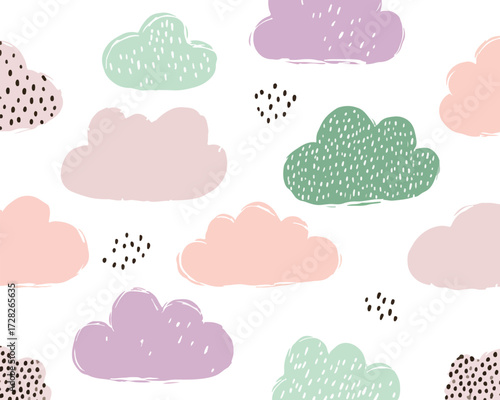パステルカラーの可愛らしい雲のパターン、テクスチャ、イラスト、ベクター