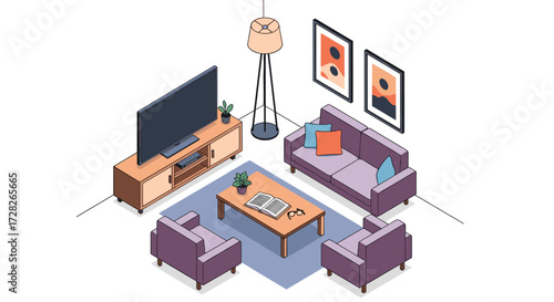 A modern living room scene with purple furniture and artwork on the wall.